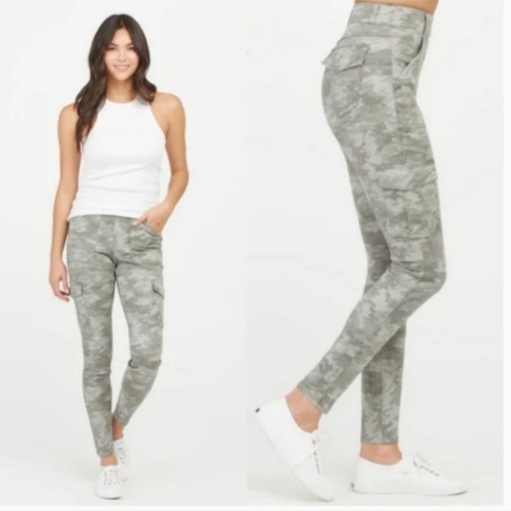 NWT NEW SPANX Camo Stretch Twill Ankle Cargo Pants green olive gray straight leg